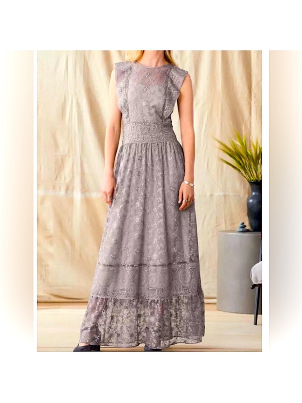 Sundance Grey Lace Faythe Maxi Dress Womens M